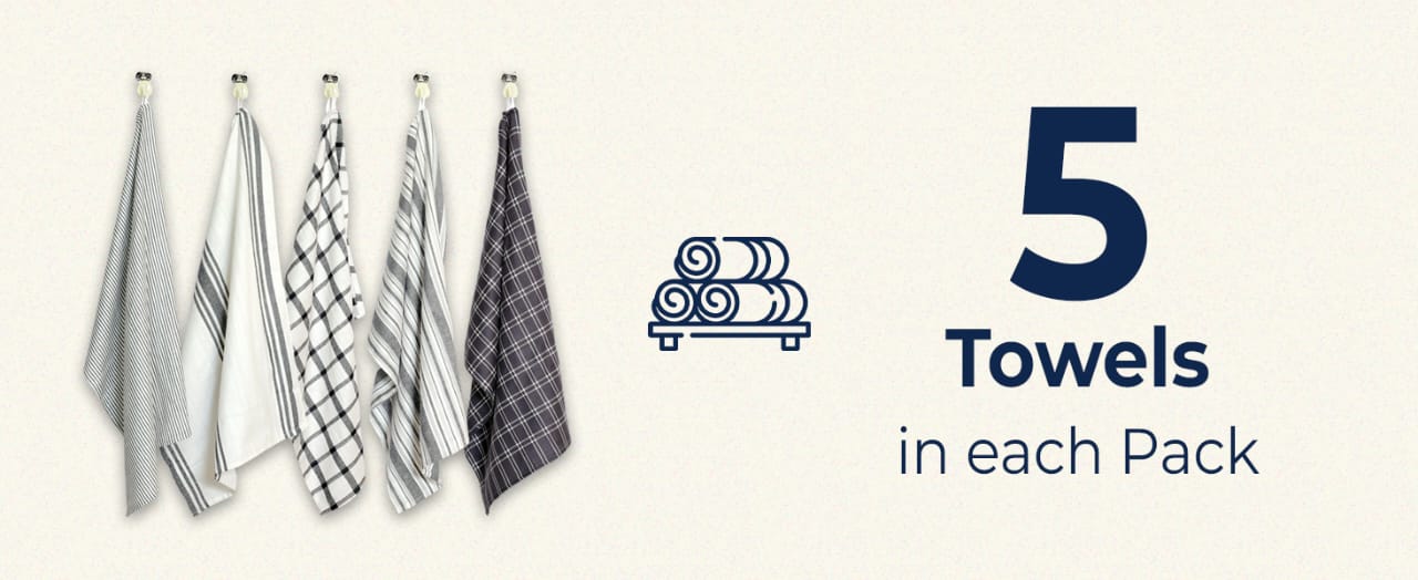 Tea Towels - 100% Cotton Kitchen Tea towels with Highly Super Absorbent  Lint Free,  Long Lasting 70 x 50 cm - Pack of 5 (Grey)