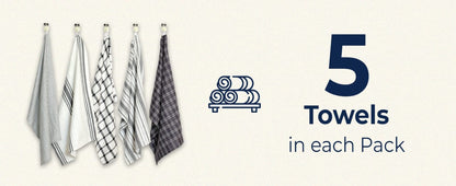 Tea Towels - 100% Cotton Kitchen Tea towels with Highly Super Absorbent  Lint Free,  Long Lasting 70 x 50 cm - Pack of 5 (Grey)